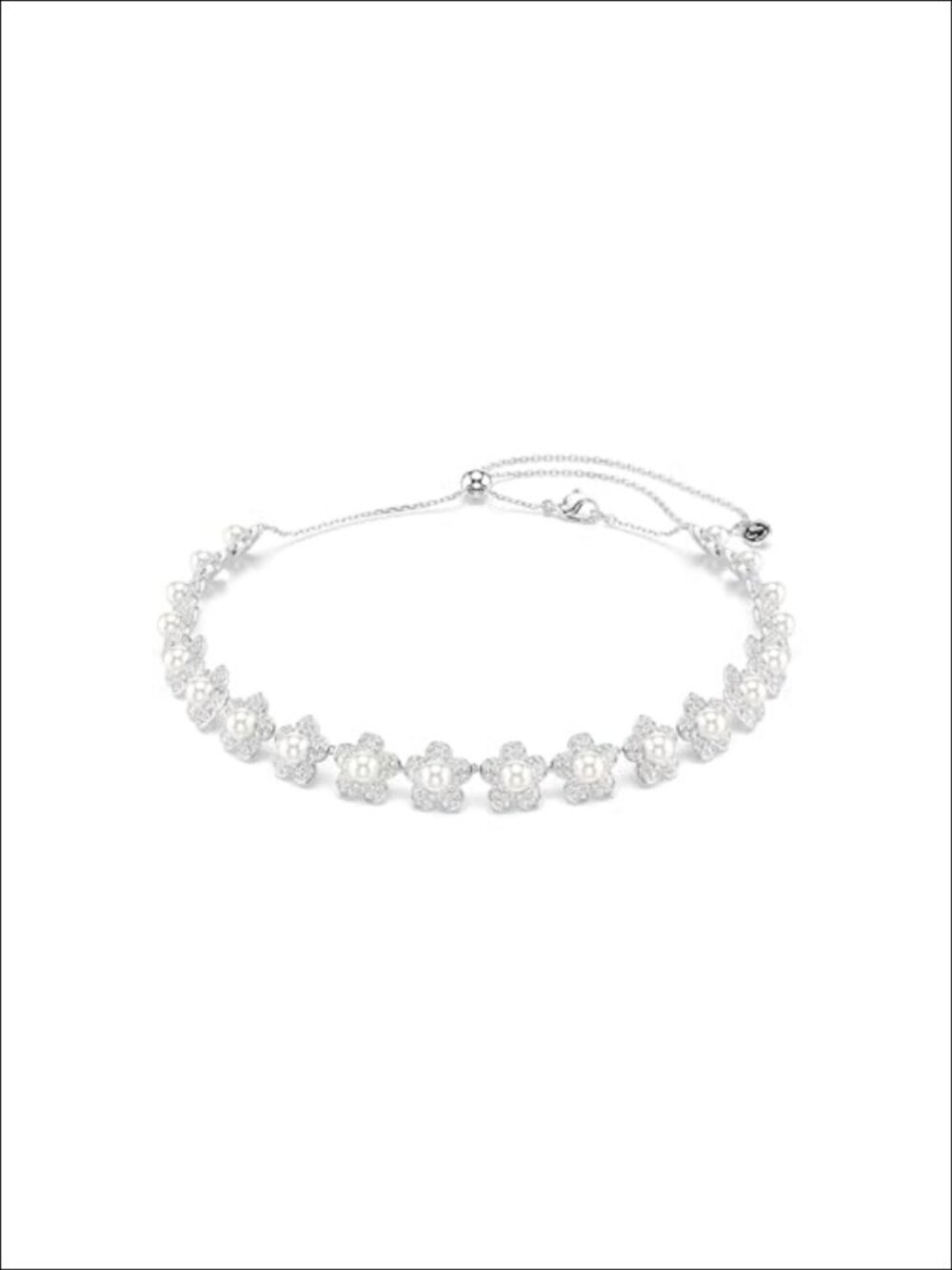 Crystal Pearl Flower Strand Necklace Adjustable Rhodium Finish Pave